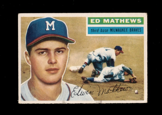 1956 Topps Baseball Card #107 Hall of Famer Eddie Mathews Milwaukee Braves.