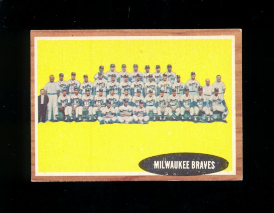 1962 Topps Baseball Card #158 Milwaukee Braves Team EX to EX-MT Condition.
