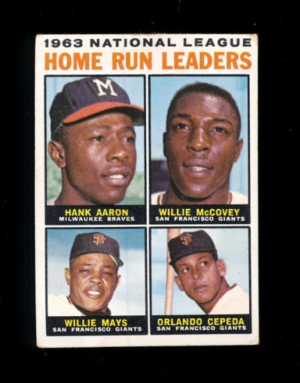 1964 Topps Baseball Card #9 National League 1963 Home Run Leaders Aaron, Mc