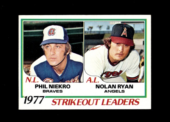 1978 Topps Baseball Card #206 Strikeout Leaders in 1977 Ryan and Niekro. NM