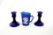 (2) Cobalt Blue Candle Holders and a Reproduction Cobalt Blue Shirley Templ