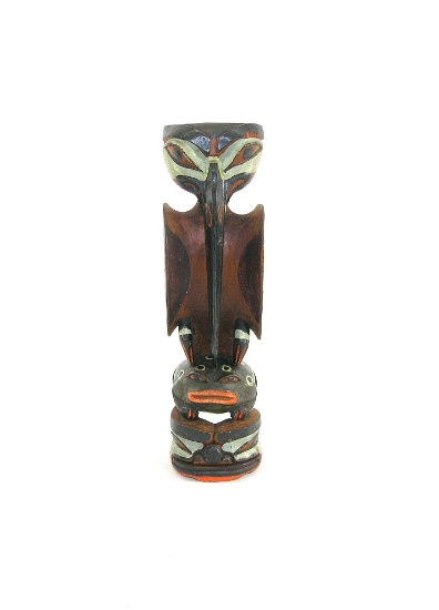 Vintage Native American Wood Hand Carved Totem Figure with Bird & Frog Figu