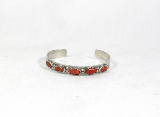 Vintage Native American Sterling Silver Wrist Bracelet With 5 Coral Stones