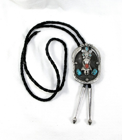 Vintage Southwestern United States Black Leather Bolo Tie With Sterling Sil
