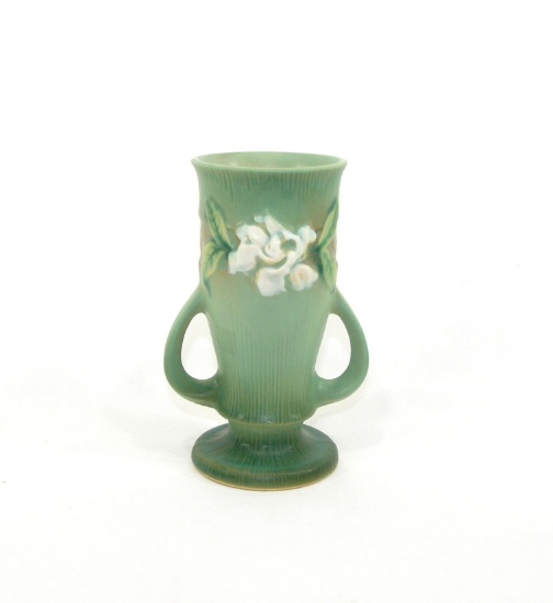 Vintage Roseville Pottery Green Gardenia Double Handled Vase 682-6". Has wh