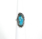 Vintage Native American Sterling Silver Ring With Large Oval Turquoise Ston