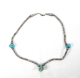 Vintage Native American Turquoise Necklace With Sterling Silver Rolled Ends