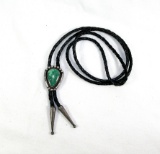 Vintage Southwest United States Black Leather Bolo Tie With Sterling Silver