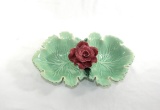 Vintage 1950s-1960s Ceramic Floral Candy/Nut Dish, Green Leaf Design With R