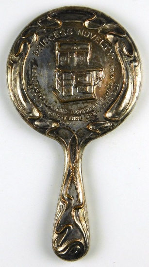 c1907 Silver Plate Handle Advertising Mirror for:  Princess Novelty The Han