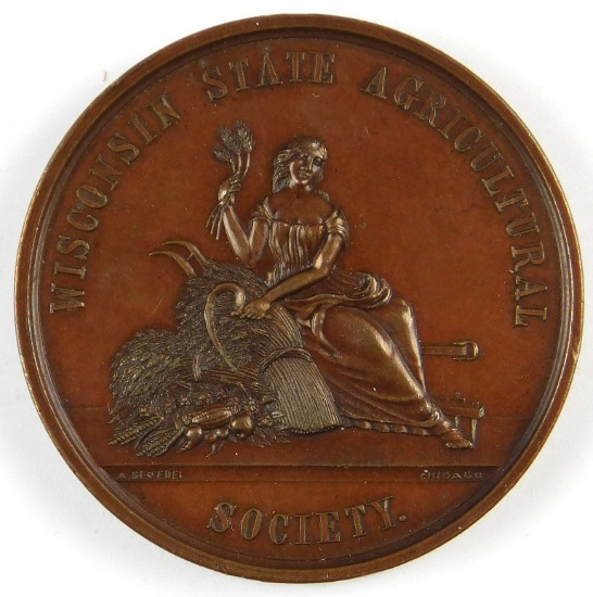 c 1858 Bronze Table Medal for:  Wisconsin State Agricultural Society Award