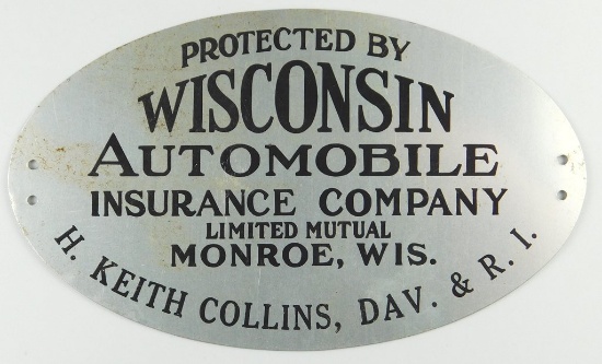 1950’s Aluminum Bumper Tag for:  Wisconsin Automobile Insurance Company Lim