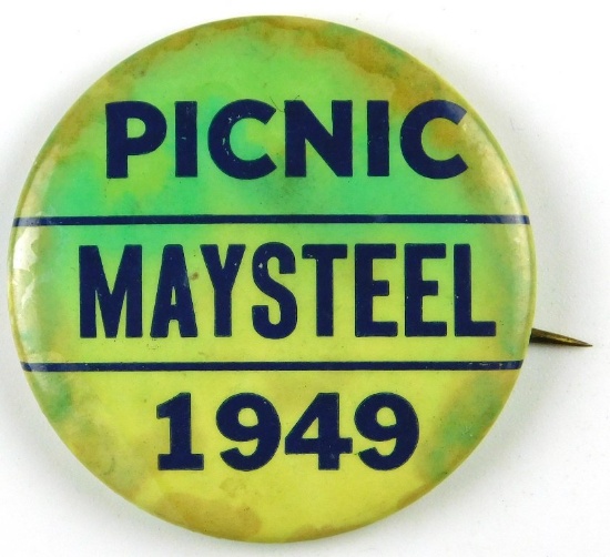 1949 Celluloid Event Button for:  Picnic Maysteel 1949 (Mayville, Wisconsin