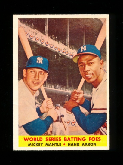 1958 Topps Baseball Card #418 World Series Batting Foes Mantle & Aaron. Has