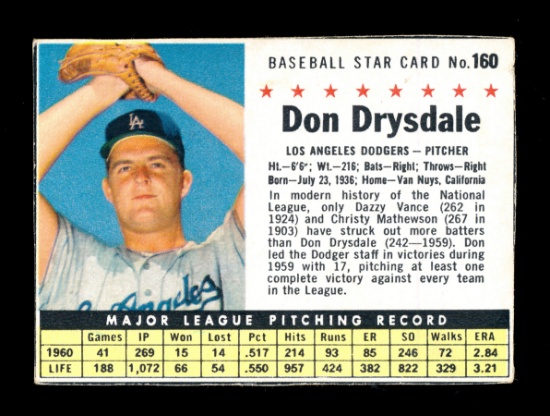 1961 Post Hand Cut Cereal Baseball Card #160 Hall of Famer Don Drysdale Los