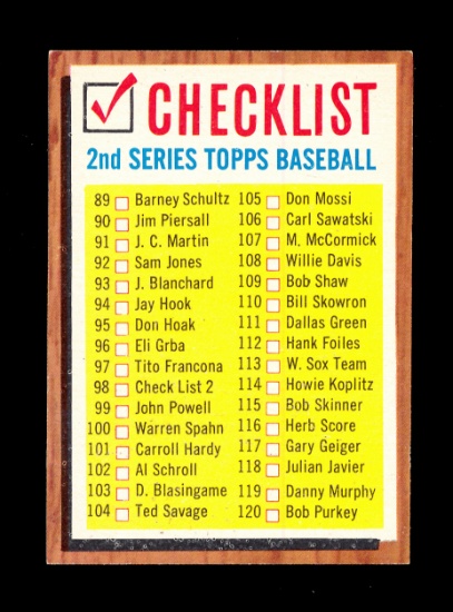 1962 Topps Baseball Card #98 Checklist 89-176. Unchecked EX to EX-MT + Cond
