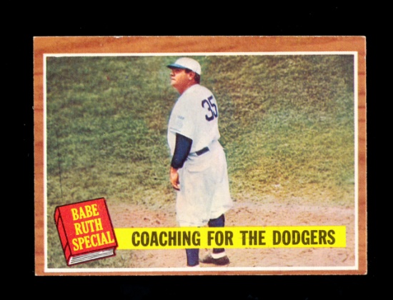 1962 Topps Baseball Card #142 Babe Ruth "Coaching For The Dodgers". EX to E