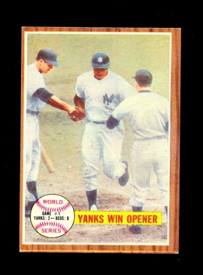 1962 Topps Baseball Card #232 World Series Game-1 "Yanks Win Opener". EX to