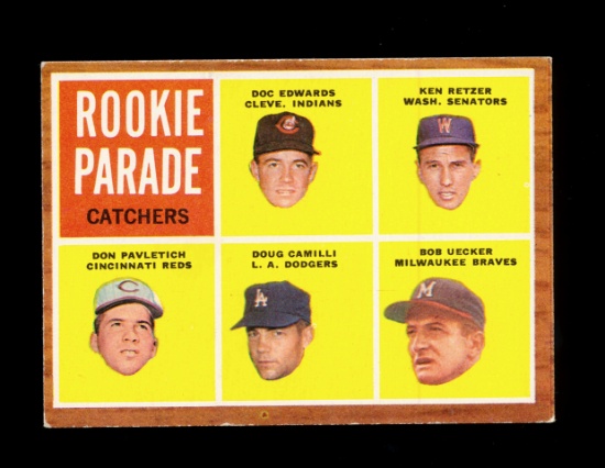 1962 Topps Baseball Card #594 Rookie Parade Catchers (Bob Uecker). EX to EX