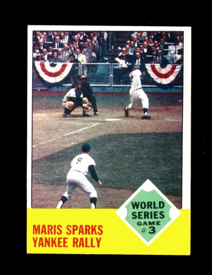 1963 Topps Baseball Card #144 World Series Game #3 "Maris Sparks Yankee Ral