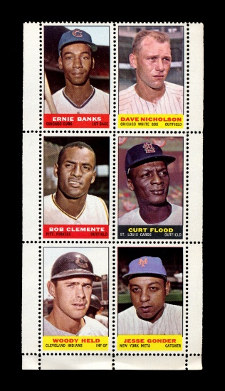 (6) 1964 Bazooka Stamps: Clemente/Banks/Flood/Held/Gonder/Nicholson. Unused