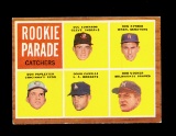 1962 Topps Baseball Card #594 Rookie Parade Catchers (Bob Uecker). EX to EX