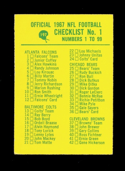 1967 Philadelphia Football Card #197 Checklist No.1 Numbers 1 to 99. Unchec