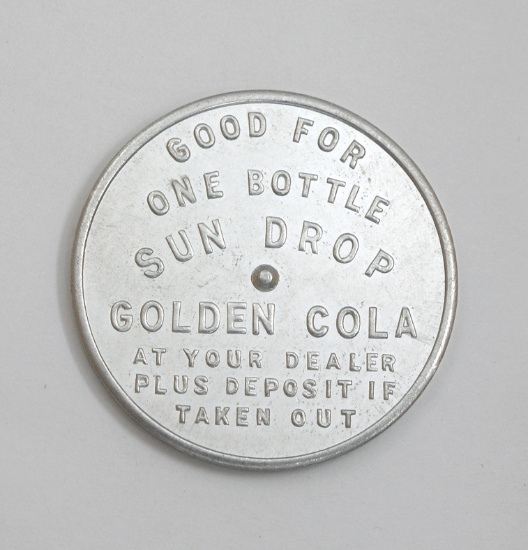 Vintage Aluminum Sun Drop Golden Cola Spinner Coin/Token. "Good For One Bot