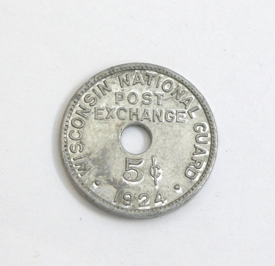 1924 Wisconsin National Guard Post Exchange For 5-Cents Coin/Token. Blank o