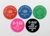 (5) Madison, Wis. Food Stores Coin/Tokens. Northgate IGA 10 & 25 Cents; U-S