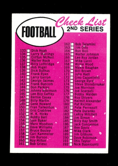 1969 Topps Football Card #132 Check List 2nd Series. Unchecked NM Condition
