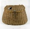 Vintage Fishing Creel Basket Weaved With Leather And Fabric Shoulder Strap.