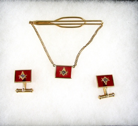 Mens Free Mason 1/20-12K Gold Filled Cuff Links And Tie Clip With Red Glass