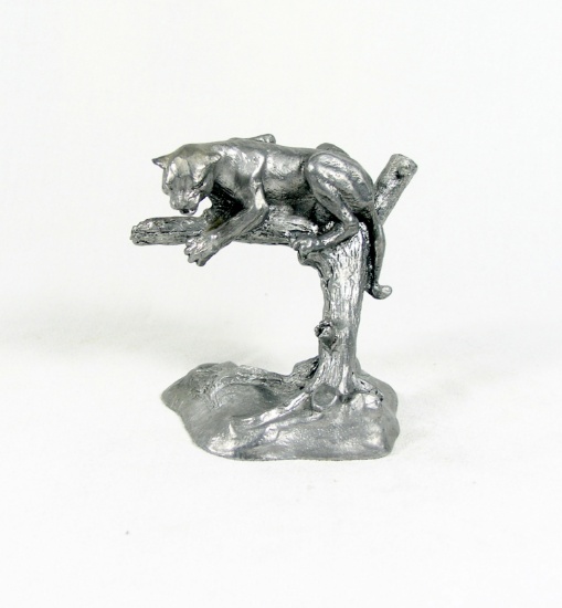 Hand Crafted Solid Pewter Mountain Lion in Tree Branch Sculpture