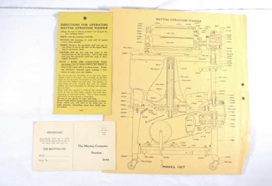 Directions and Diagram of Model 1927 Maytag Gyrafoam Washer.