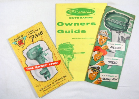 (3) Vintage Mercury Outboard Boat Motor Sales Pamphlets and Owners Guide.