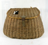 Vintage Fishing Creel Basket Weaved With Leather And Fabric Shoulder Strap.