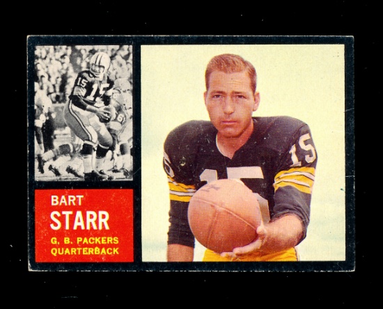 1962 Topps Football Card #63 Hall of Famer Bart Starr Green Bay Packers.  E