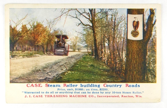 O7.  Printed Post Card:  c1920 (J.I.) Case Steam Roller building Country Ro