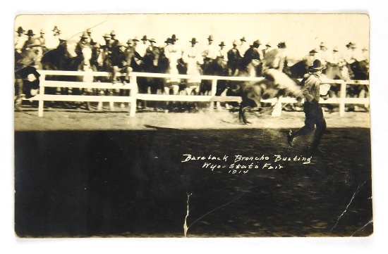 42.  RPPC:  1914 Bareback Light Shirt Rider Broncho Busting WYO – State Fai
