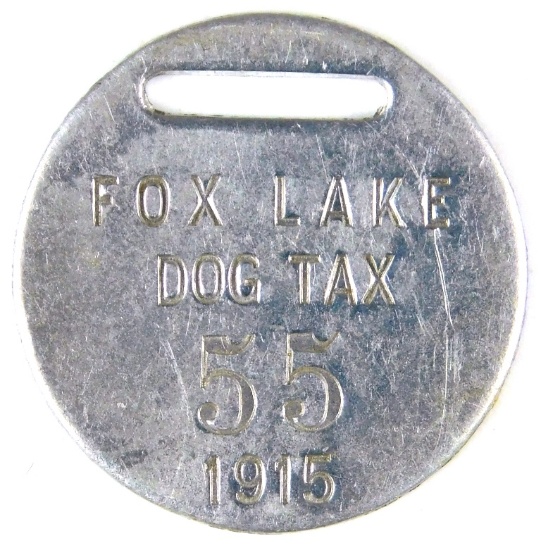 74.  1915 Aluminum Fox Lake (Wisconsin) Dog Tax Tag #55.  SIZE:  1”.  CONDI
