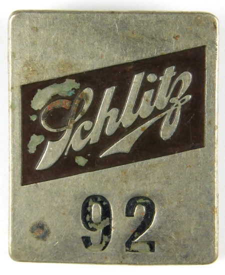 76.  1940’s Schlitz Milwaukee Beer Enameled Nickel Employee #92 ID Badge.