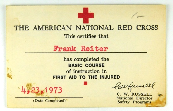 81.  1973 American Red Cross First Aid Basic Course Completion Card issued