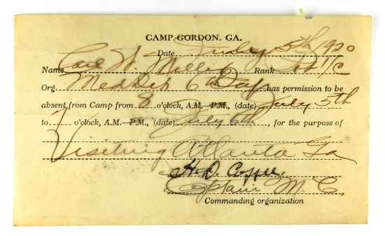 84.  1920 July, 5 /6 Camp Gordon, GA Pass for six Day Pass Visiting Atlanta