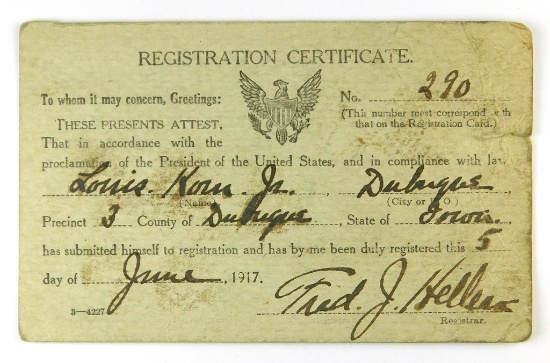 90.  1917 United States Military Registration Card for Louis Korn, Jr. Prec