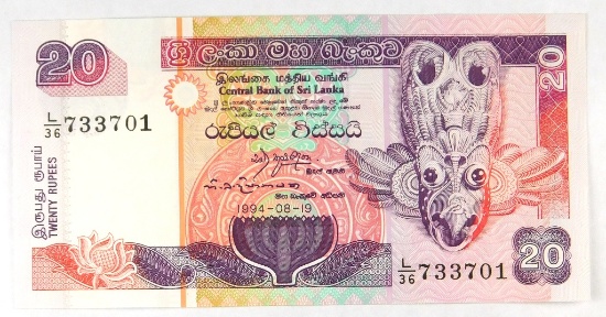 575.  Sri Lanka 1994 20 Rupees KP 103c; CONDITION:  Choice CU; VALUE:  $10