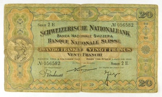 577.  Switzerland 1, January 1916 20 Franken; KP Catalog 12c; CONDITION: VG