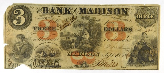 581.  United States (WI) 1860 $3 The Bank of Madison, State of Wisconsin ap
