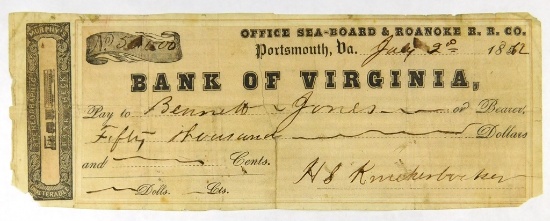 582.  United States (VA) 1862 Bank of Virginia Check to Bennett Jones in th