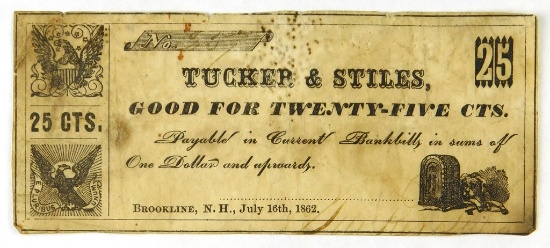 583.  United States (NH) 1862 25 Cent Scrip for Tucker & Stiles (Lumber Mil